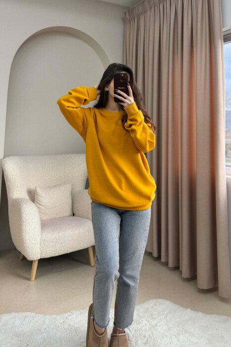 ONE COLOR ROUND NECK SIMPLE WOMEN SWEATSHIRT MUSTARD/MUSTARDE - 1