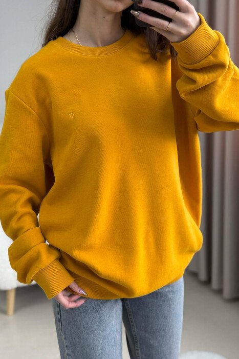 ONE COLOR ROUND NECK SIMPLE WOMEN SWEATSHIRT MUSTARD/MUSTARDE - 3