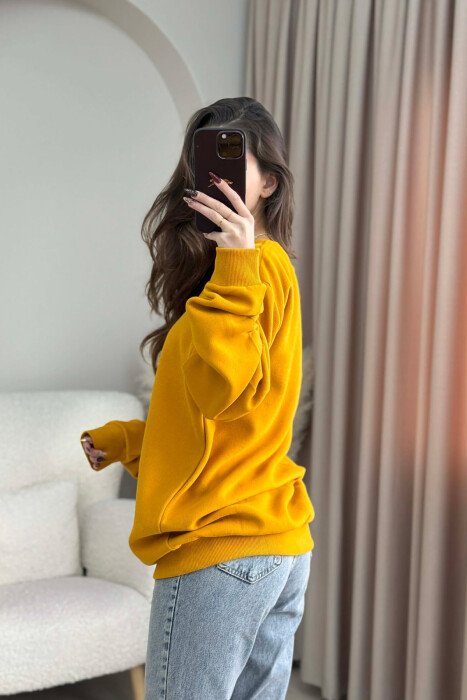 ONE COLOR ROUND NECK SIMPLE WOMEN SWEATSHIRT MUSTARD/MUSTARDE - 4