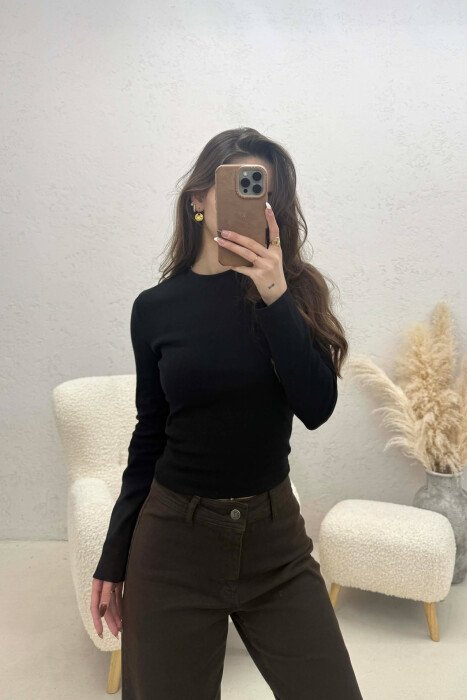 ONE COLOR ROUND NECK SIMPLE WOMAN SWEATSHIRT BLACK/ E ZEZE - KLAUDIO FASHION