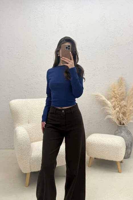 ONE COLOR ROUND NECK SIMPLE WOMAN SWEATSHIRT BLUE/BLU - 2