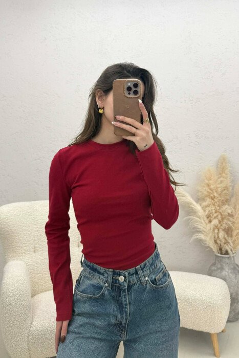 ONE COLOR ROUND NECK SIMPLE WOMAN SWEATSHIRT BURGUNDY/VISHNJE - KLAUDIO FASHION