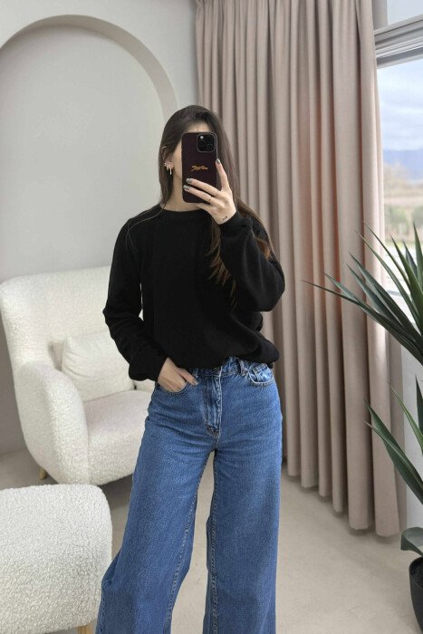 ONE COLOR ROUND NECK SIMPLE WOMEN SWEATER BLACK/ E ZEZE - KLAUDIO FASHION
