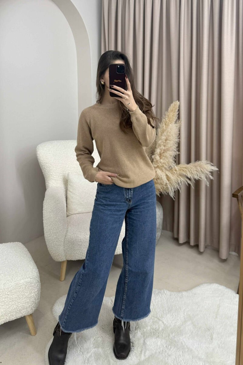 ONE COLOR ROUND NECK SIMPLE WOMEN SWEATER LIGHT BROWN/KAZB - 1