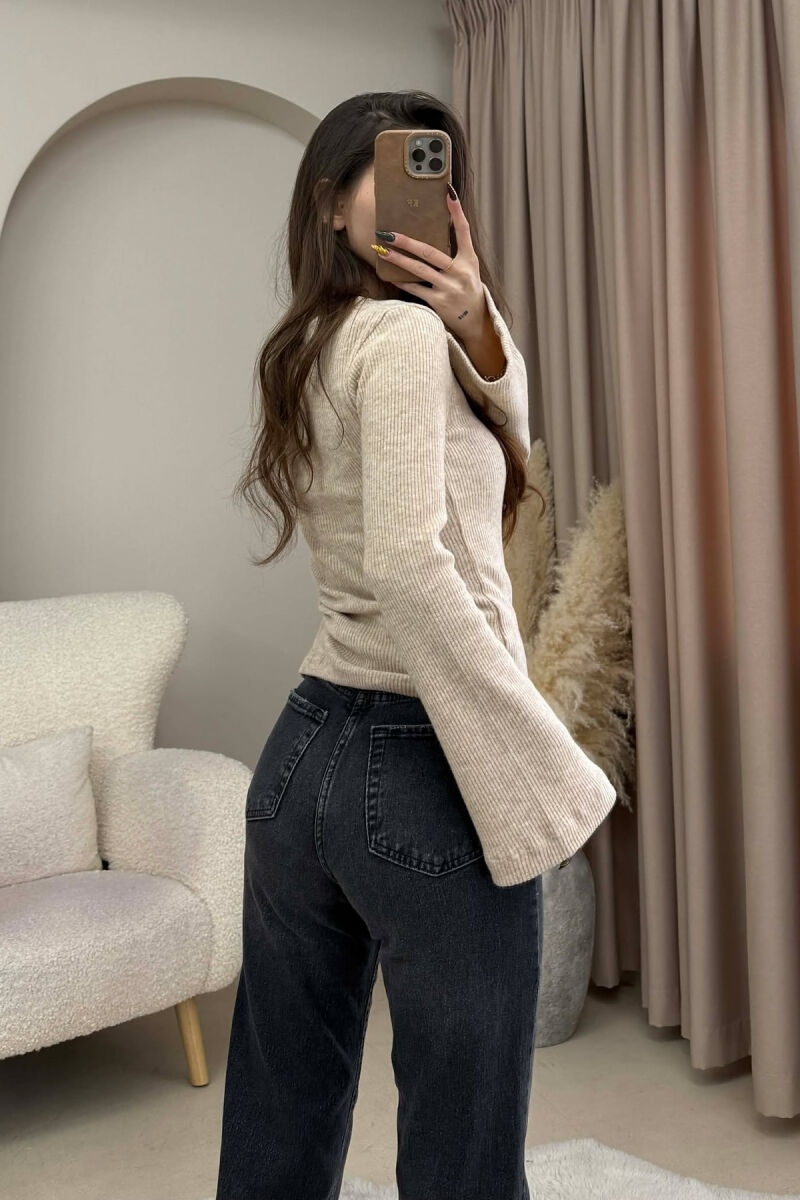 ONE COLOR ROUND NECK SIMPLE WOMEN SWEATSHIRT BEIGE/BEZHE - 2