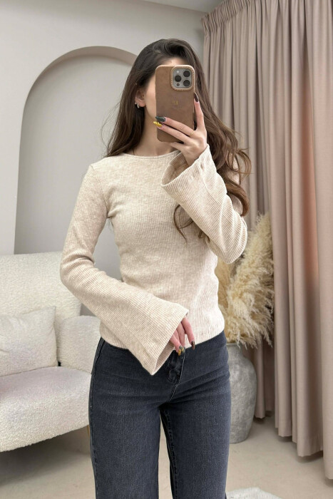 ONE COLOR ROUND NECK SIMPLE WOMEN SWEATSHIRT BEIGE/BEZHE - 3