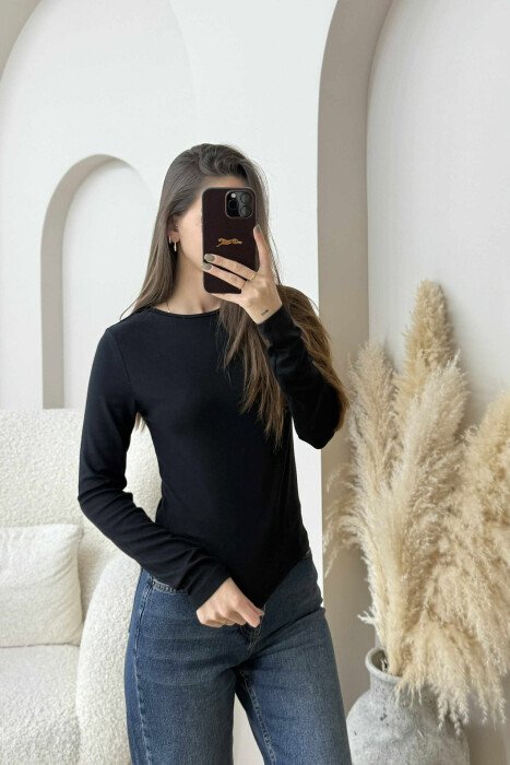 ONE COLOR ROUND NECK SIMPLE WOMEN SWEATSHIRT BLACK/ E ZEZE - 1