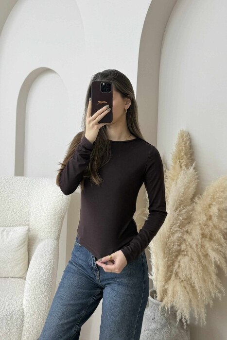 ONE COLOR ROUND NECK SIMPLE WOMEN SWEATSHIRT DARK BROWN/KAE - 3