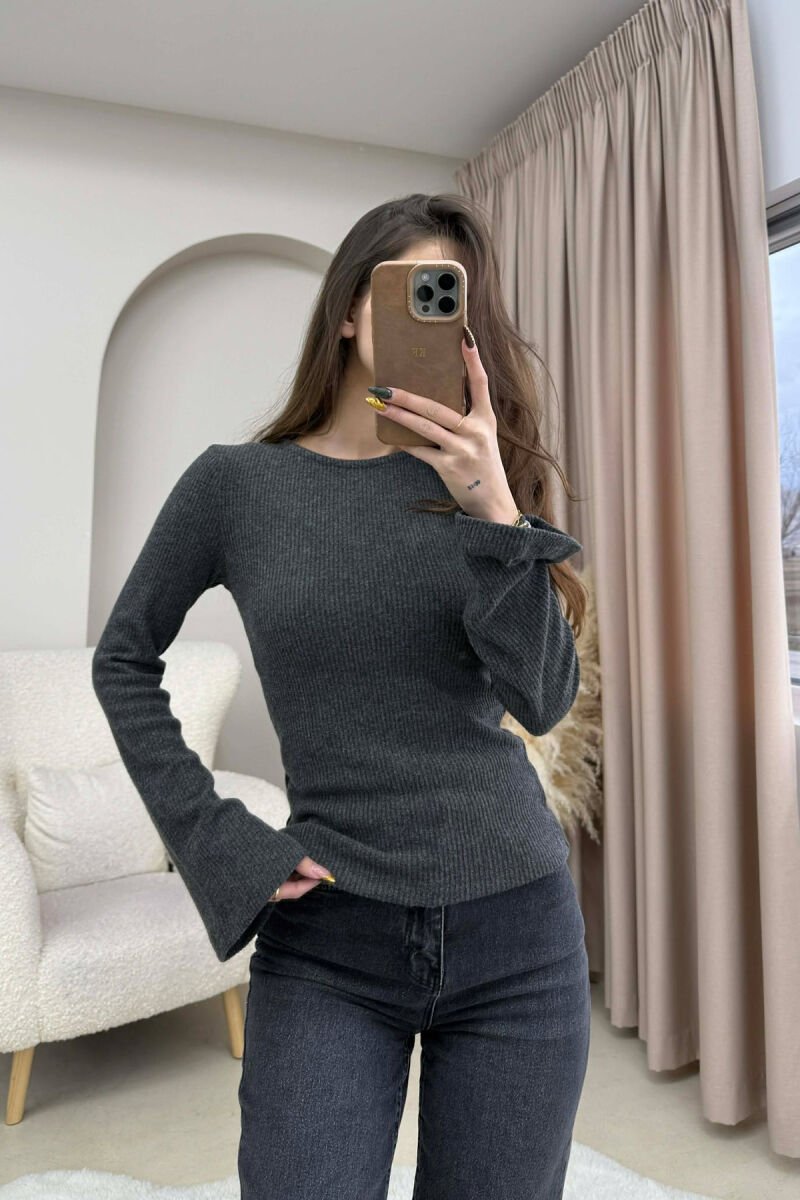 ONE COLOR ROUND NECK SIMPLE WOMEN SWEATSHIRT DARK GREY/GEE - 3