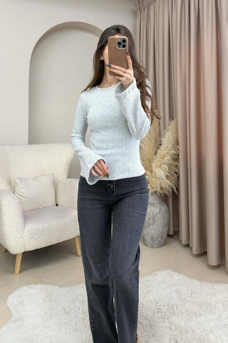 ONE COLOR ROUND NECK SIMPLE WOMEN SWEATSHIRT LIGHT GREY/GZ - 2