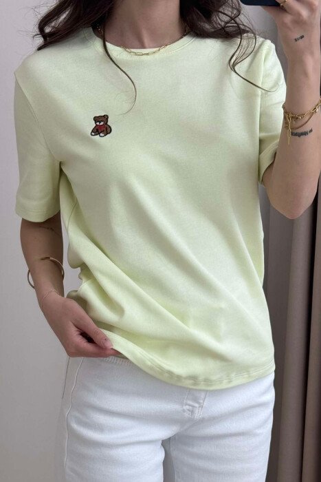 ONE COLOR ROUND NECK TEDDY BEAR LOGO WOMEN T-SHIRT LIGHT GREEN/JEZB - 3