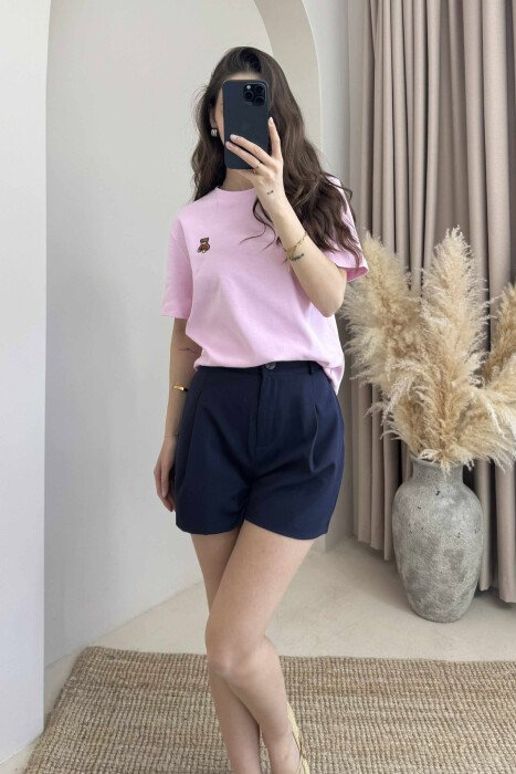 ONE COLOR ROUND NECK TEDDY BEAR LOGO WOMEN T-SHIRT PINK/ROZE - 2
