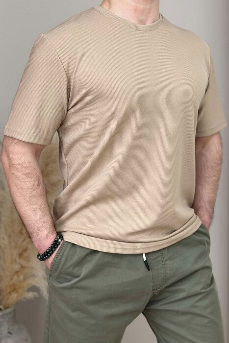 ONE COLOR ROUND NECK TEXTURED MEN T-SHIRT BEIGE/BEZHE 