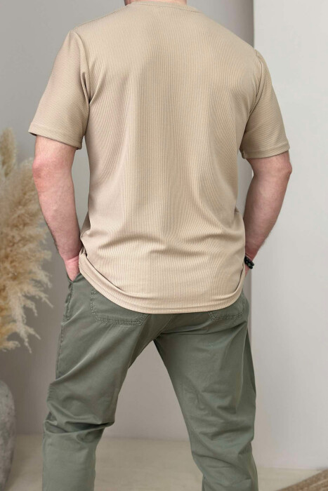 ONE COLOR ROUND NECK TEXTURED MEN T-SHIRT BEIGE/BEZHE - 3