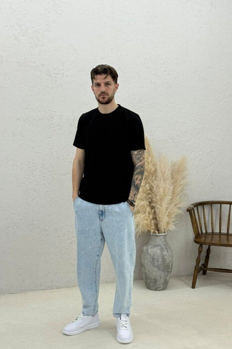 ONE COLOR ROUND NECK TEXTURED MEN T-SHIRT BLACK/ E ZEZE - 2