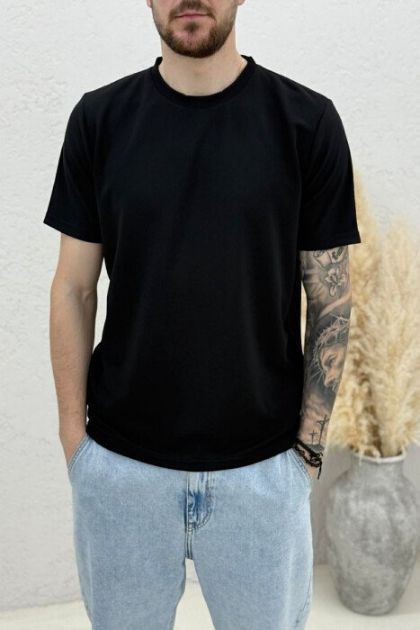 ONE COLOR ROUND NECK TEXTURED MEN T-SHIRT BLACK/ E ZEZE - 3