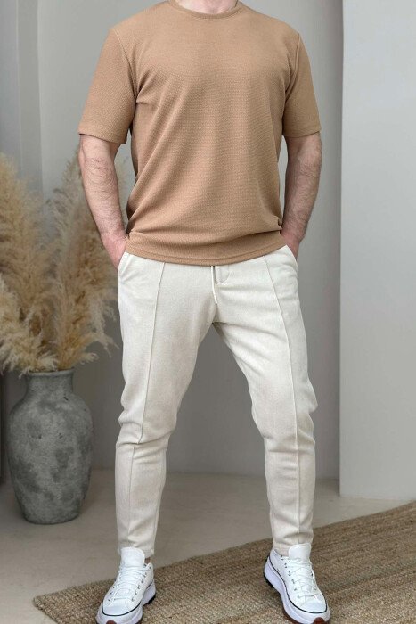 ONE COLOR ROUND NECK TEXTURED MEN T-SHIRT DARK BEIGE/BEZHE ERRET - 2