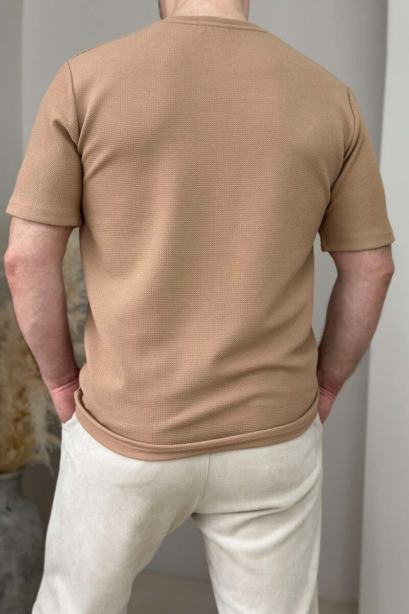 ONE COLOR ROUND NECK TEXTURED MEN T-SHIRT DARK BEIGE/BEZHE ERRET - 3