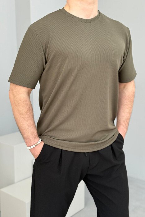 ONE COLOR ROUND NECK TEXTURED MEN T-SHIRT GREEN/JESHILE - 1