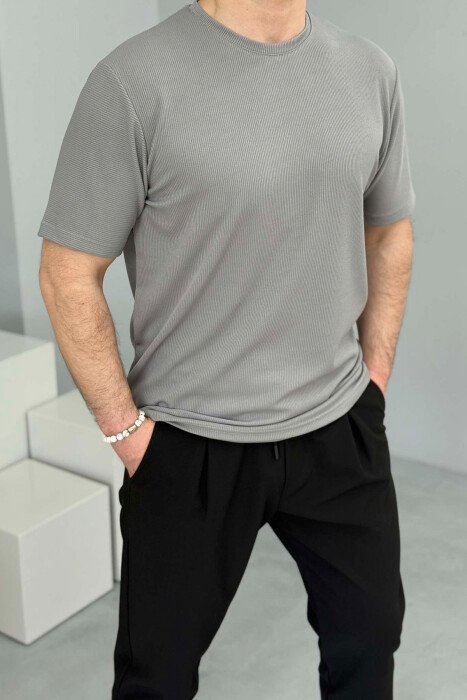 ONE COLOR ROUND NECK TEXTURED MEN T-SHIRT GREY/GRI - 1