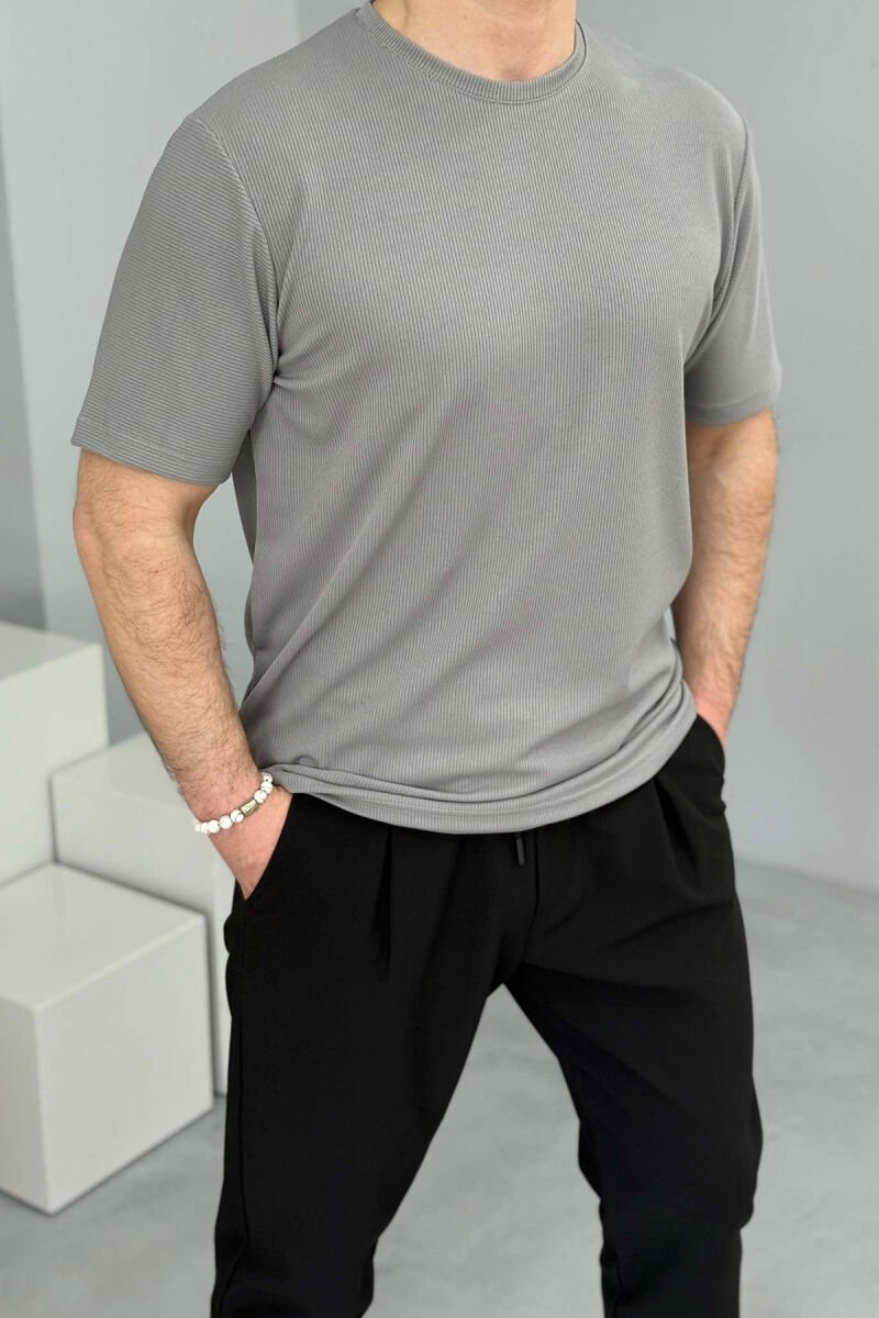 ONE COLOR ROUND NECK TEXTURED MEN T-SHIRT GREY/GRI - 1