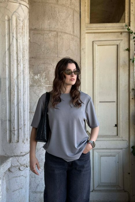 ONE COLOR ROUND NECK TEXTURED WOMAN T-SHIRT + 6 PAIR SOCKS GREY/GRI - 1
