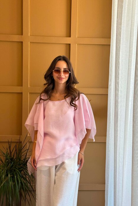 ONE COLOR ROUND NECK TULLE WOMAN SHIRT PINK/ROZE - KLAUDIO FASHION