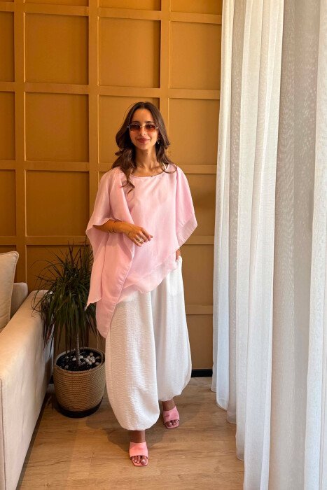 ONE COLOR ROUND NECK TULLE WOMAN SHIRT PINK/ROZE - 3