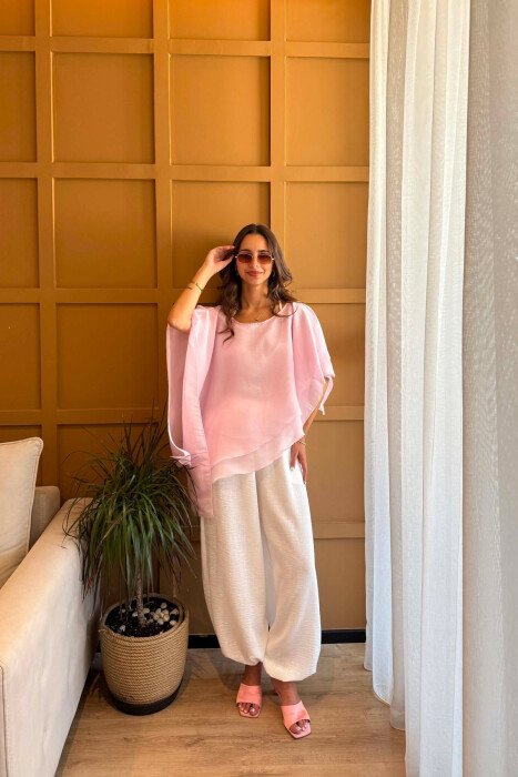 ONE COLOR ROUND NECK TULLE WOMAN SHIRT PINK/ROZE - 5
