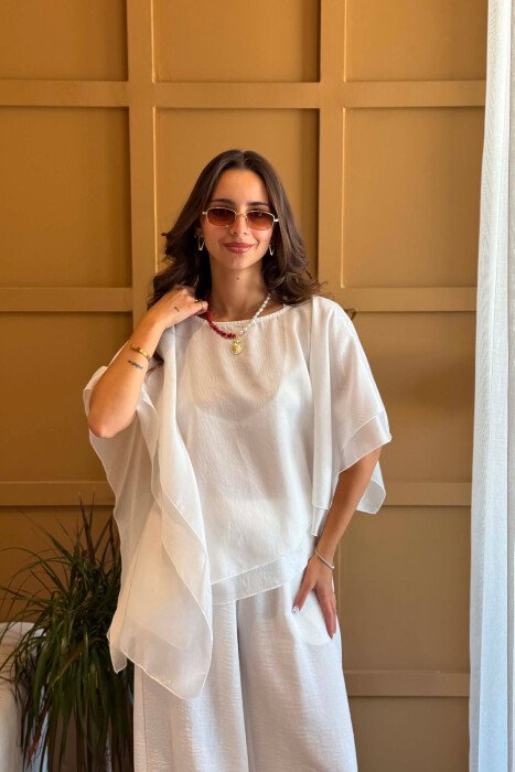 ONE COLOR ROUND NECK TULLE WOMAN SHIRT WHITE-E BARDHE - KLAUDIO FASHION