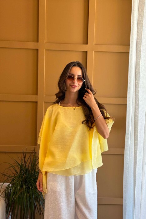 ONE COLOR ROUND NECK TULLE WOMAN SHIRT YELLOW/E VERDHE - KLAUDIO FASHION
