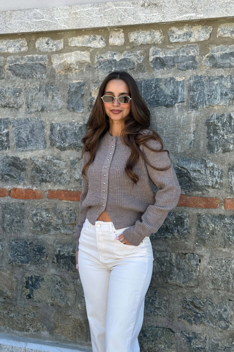 ONE COLOR ROUND NECK WOMAN CARDIGAN LIGHT BROWN/KAZB - 2