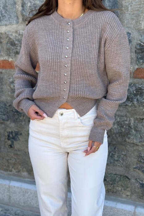 ONE COLOR ROUND NECK WOMAN CARDIGAN LIGHT BROWN/KAZB - 4
