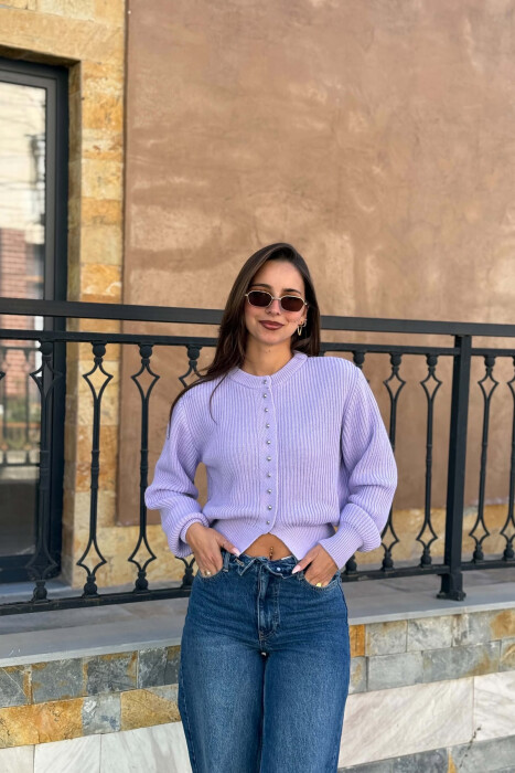 ONE COLOR ROUND NECK WOMAN CARDIGAN PURPLE/LEJLA - KLAUDIO FASHION