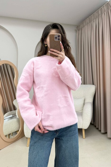 ONE COLOR ROUND NECK WOMAN SWEATER PINK/ROZE - KLAUDIO FASHION