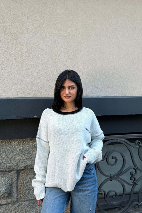 ONE COLOR ROUND NECK WOMAN SWEATER WHITE-E BARDHE - 3