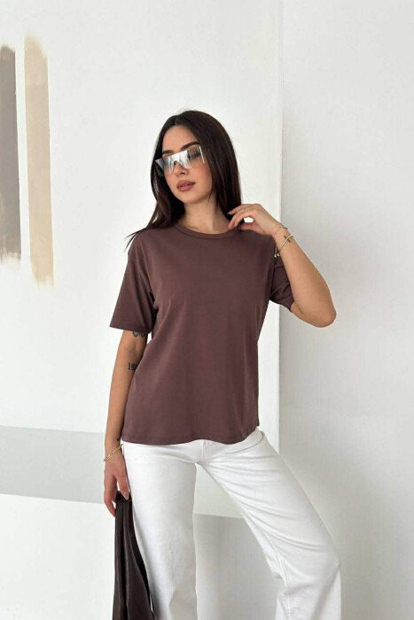 ONE COLOR ROUND NECK WOMAN T-SHIRT BROWN/KAFE - KLAUDIO FASHION