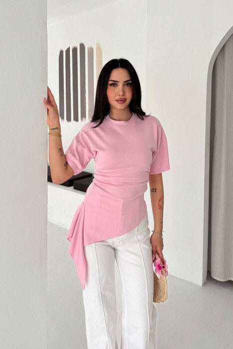 ONE COLOR ROUND NECK WOMAN T-SHIRT PINK/ROZE - KLAUDIO FASHION
