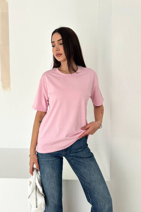 ONE COLOR ROUND NECK WOMAN T-SHIRT PINK/ROZE - KLAUDIO FASHION