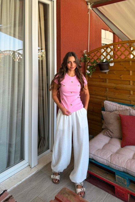 ONE COLOR ROUND NECK WOMAN T-SHIRT PINK/ROZE - 3