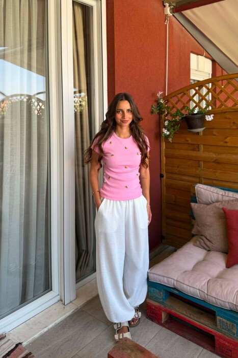 ONE COLOR ROUND NECK WOMAN T-SHIRT PINK/ROZE - 4