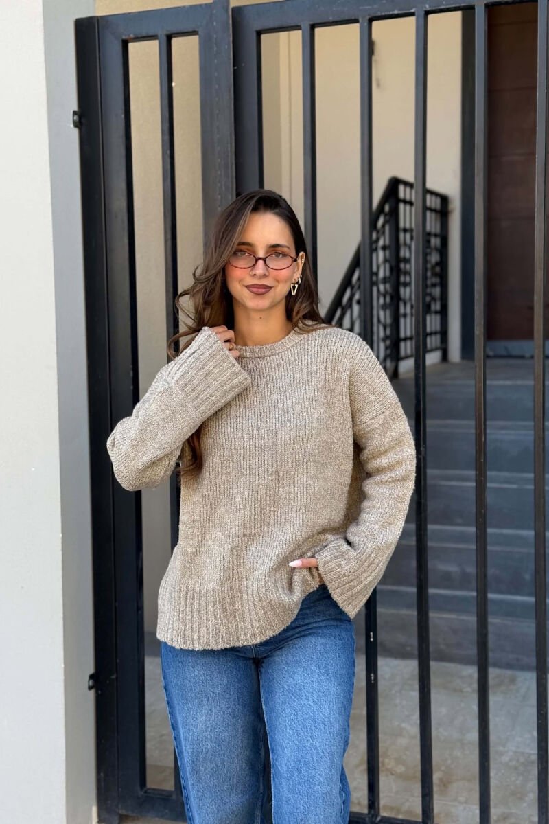 ONE COLOR ROUND NECK WOMEN SWEATER BEIGE/BEZHE - 1