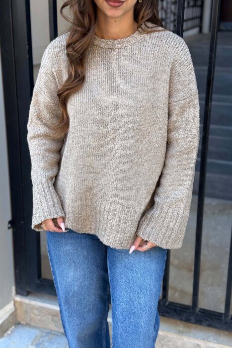 ONE COLOR ROUND NECK WOMEN SWEATER BEIGE/BEZHE - 3
