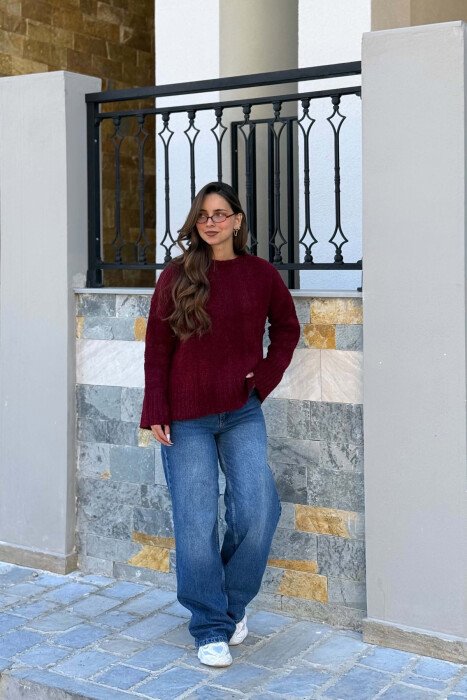 ONE COLOR ROUND NECK WOMEN SWEATER BURGUNDY/VISHNJE - 3