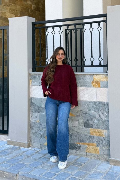 ONE COLOR ROUND NECK WOMEN SWEATER BURGUNDY/VISHNJE - 5