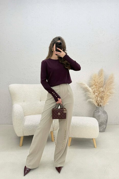 ONE COLOR ROUND NECK WOMEN SWEATER BURGUNDY/VISHNJE - 2