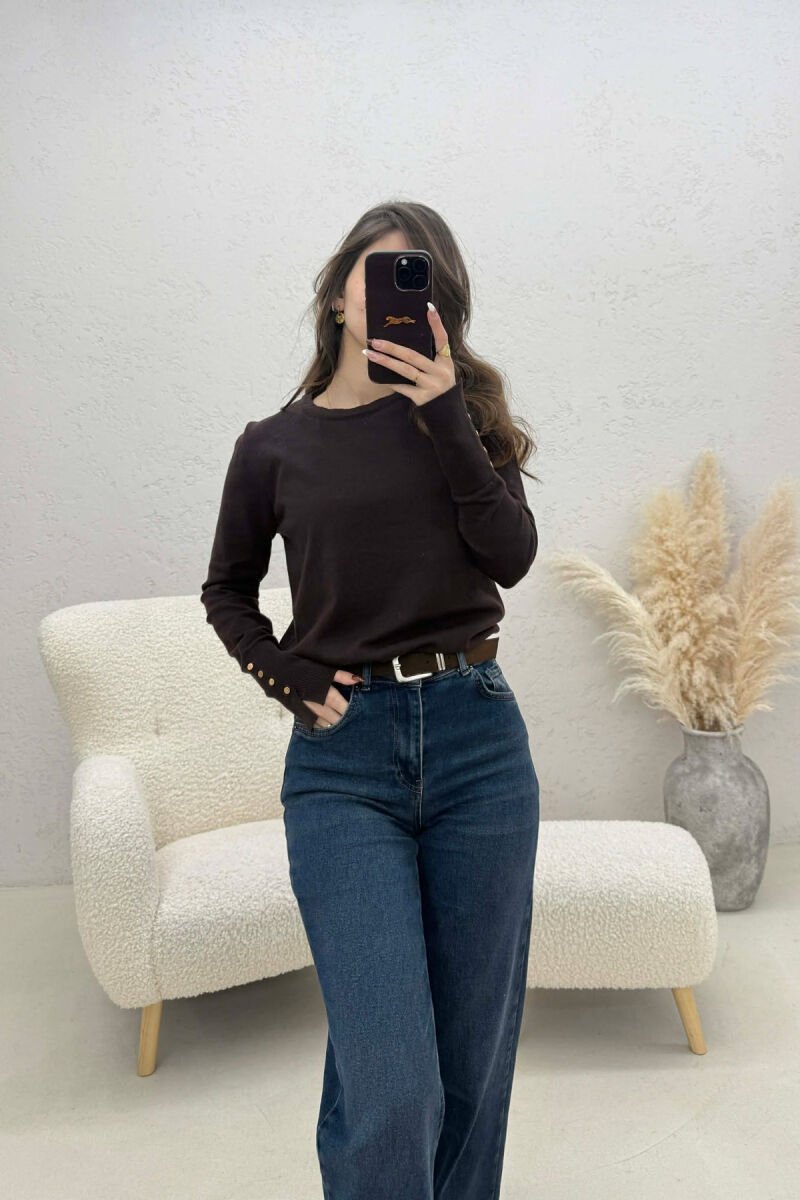 ONE COLOR ROUND NECK WOMEN SWEATER DARK BROWN/KAE - 2