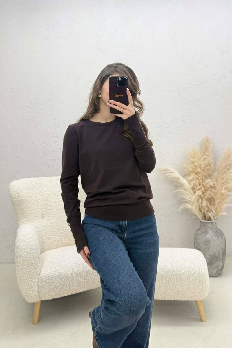 ONE COLOR ROUND NECK WOMEN SWEATER DARK BROWN/KAE - 3