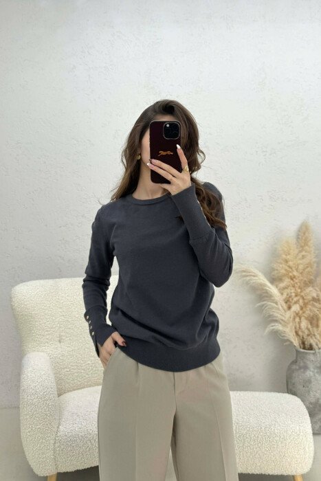 ONE COLOR ROUND NECK WOMEN SWEATER DARK GREY/GEE - 1