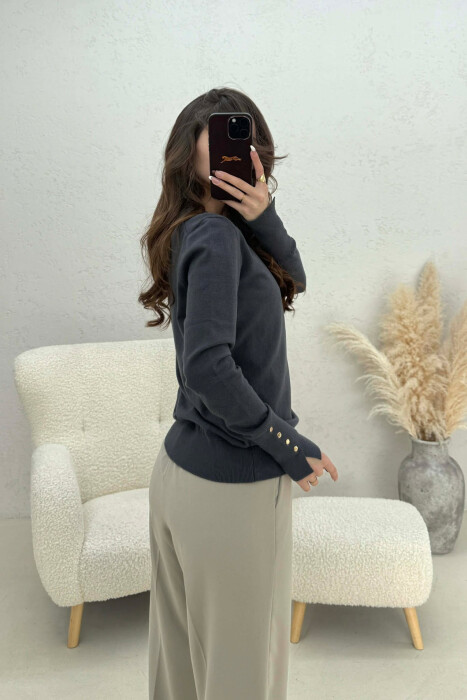 ONE COLOR ROUND NECK WOMEN SWEATER DARK GREY/GEE - 4